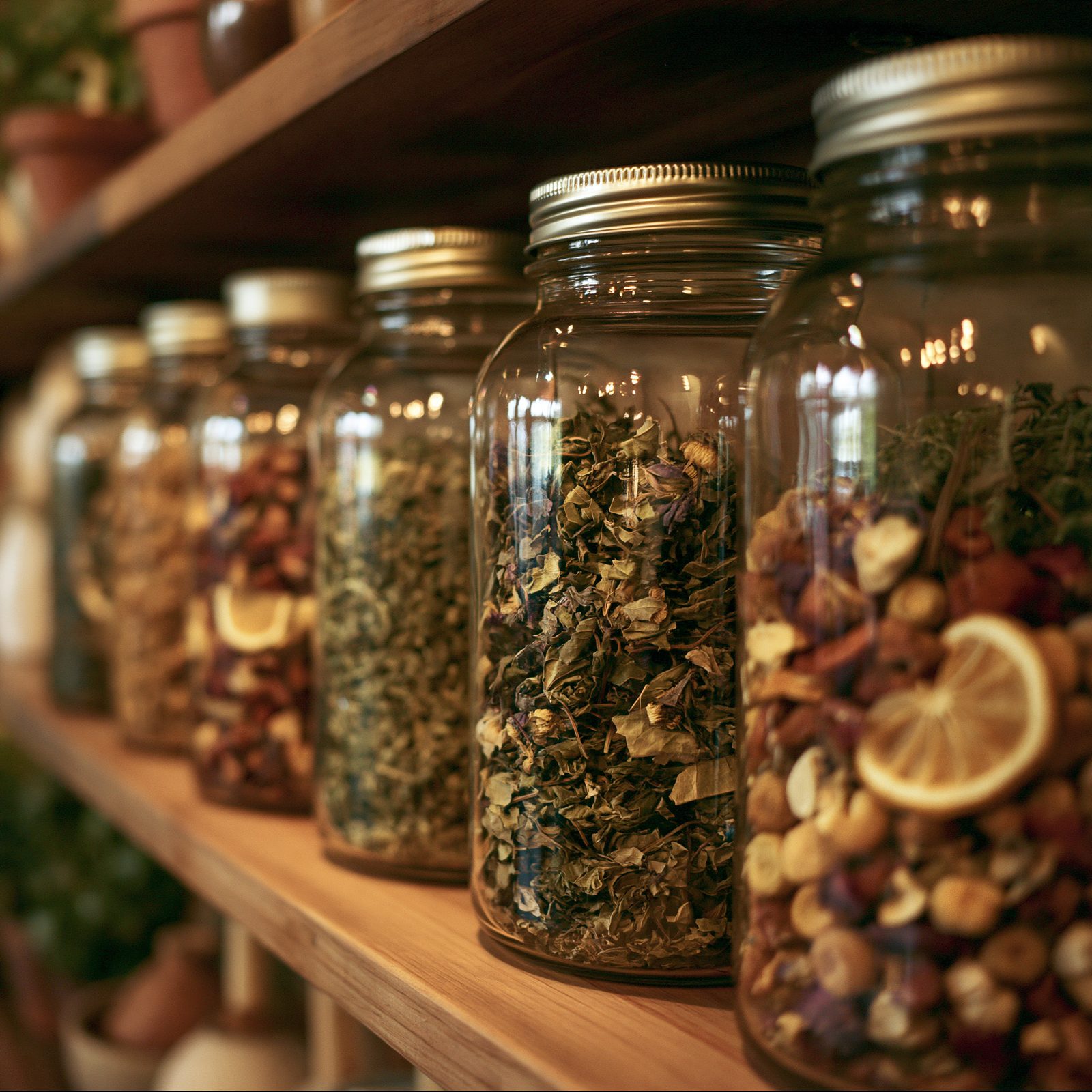 Jars of loose herbal teas lined up on a wooden apothecary shelf